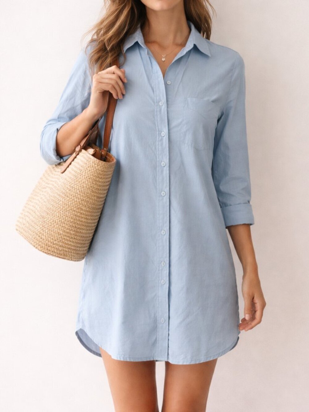 Cuyana Cotton Poplin Shirt Dress XS Blue Button Front Pocket Stretch Summer Nant